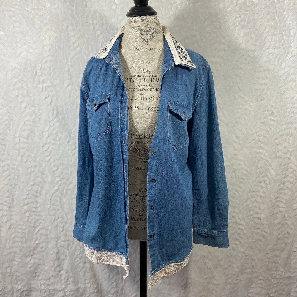 Denim Upcycled Redesigned Lace Heart Recycled button up western shirt - Picture 2 of 12